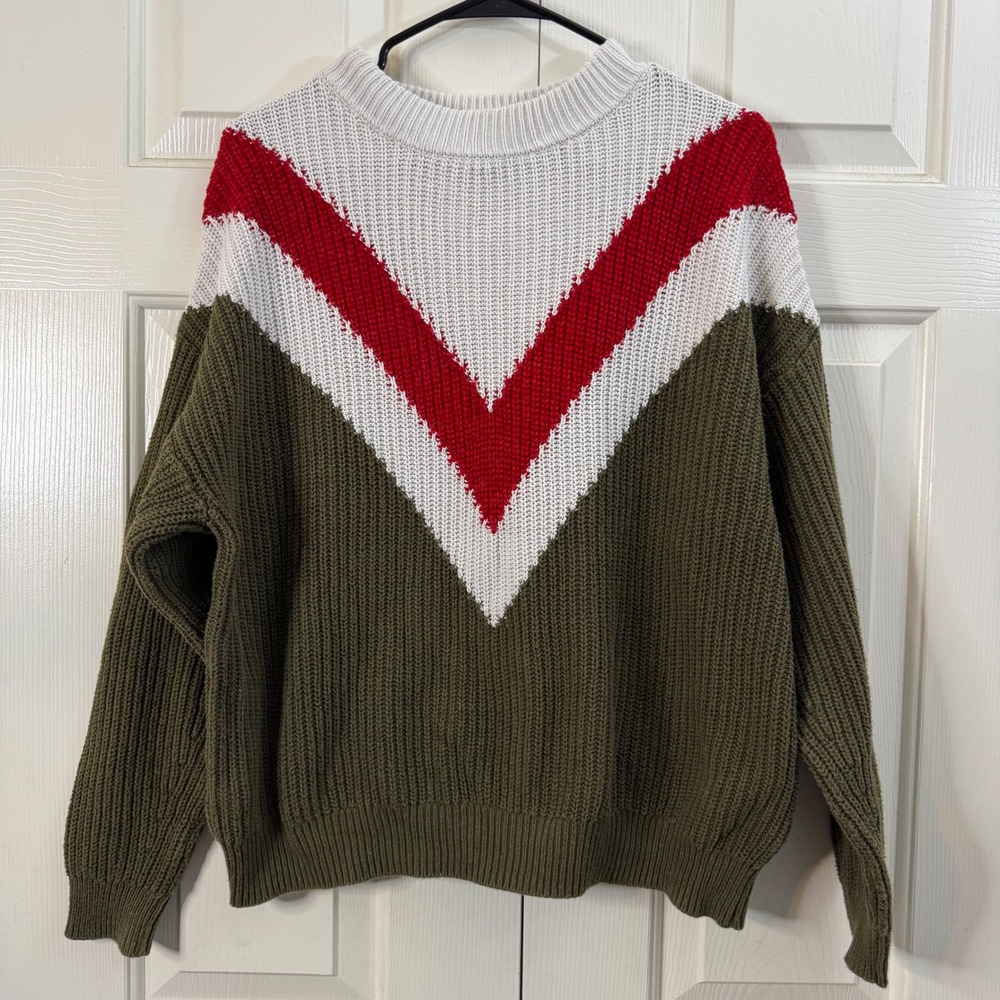 MNG Basics Women Colorblock V Neck Pullover Sweater Size‎ S Olive Red White